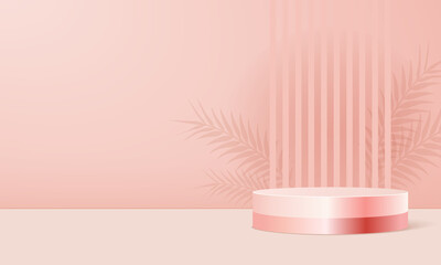 Product display stand in pink pastel background with shadow leaves. Abstract minimal scene to presentation or show cosmetic. Vector realistic podium. 3d render.