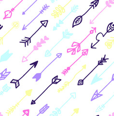 Hand drawn illustrated arrow set pastel colors repeat pattern textile print.