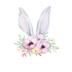 Watercolor illustration of cute gray and white Easter bunny ears