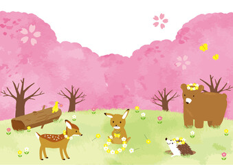 桜の木と動物たちのイラスト