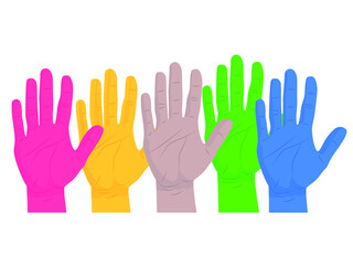 Obraz premium Colored Volodarskii hands in the crowd. Illustrations of the vote. working in a team, a cohesive Union.