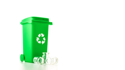 Trash recycle. Bin container for disposal garbage waste and save environment. Green dustbin for recycle glass can trash isolated on white background.