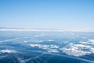 Fototapeta na wymiar Panorama of winter baikal lake from ice. No people.