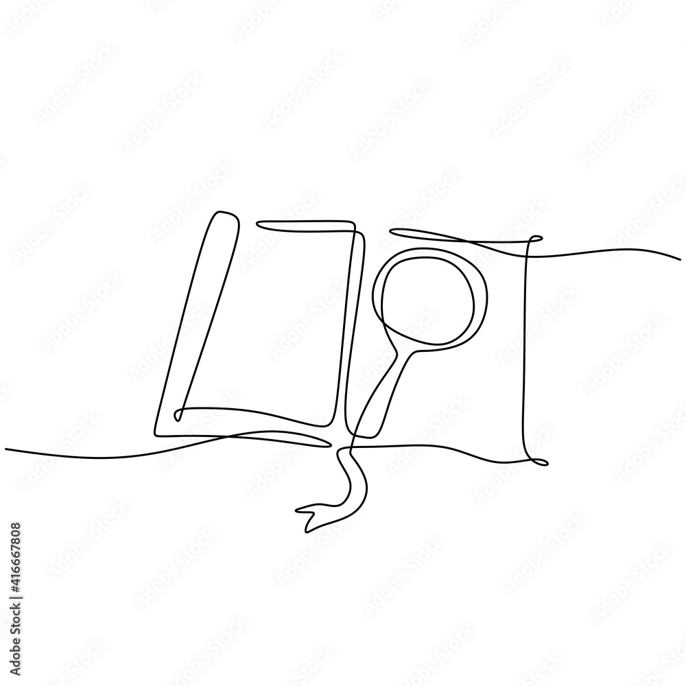 Poster one continuous line of a magnifying glass above an open book. zoom in and discovery concept.