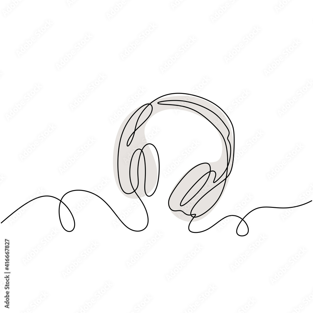Poster one line drawing of headphone speaker with grey color. device gadget continuous line art design isol