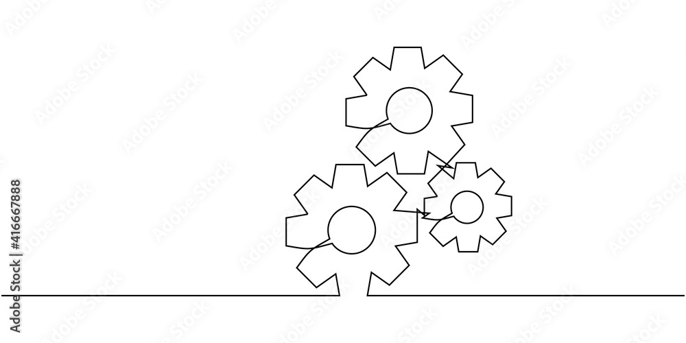 Poster one continuous line of moving gears wheels. round wheel metal symbol company logotype template for b