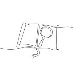 One continuous line of a magnifying glass above an open book. Zoom in and discovery concept.