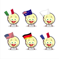 Slice of eggplant cartoon character bring the flags of various countries