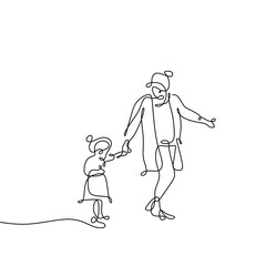 Continuous line drawing of mother and her daughter walking around. Trendy character minimalist design. One line drawing of mother and daughter walking together isolated on white background.