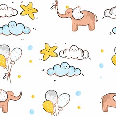 Naklejka premium White background elephant balloons blue white clouds yellow star pattern paper digital paper scrapbooking paper fabric pattern textile pattern baby clothing pattern seamless texture