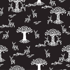 Deer Herd in the Night Forest Vector Illustration Seamless Pattern