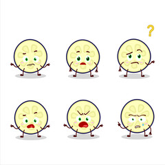 Cartoon character of slice of eggplant with what expression