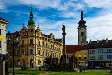 Fototapeta na wymiar Alsovo square with Marian column in Czech town of Pisek. High quality photo