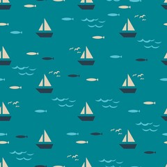 Summer Sea and Ship Vector Graphic Art Seamless Pattern