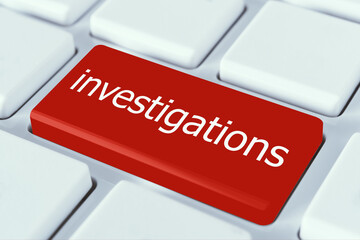 Fototapeta premium Red enter keypad on a modern computer keyboard. Keyboard with the words investigations. Business investigation Concept.