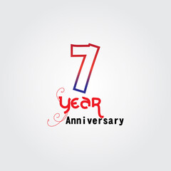 7 years anniversary celebration logotype. anniversary logo with red and blue color isolated on gray background, vector design for celebration, invitation card, and greeting card