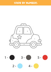 Fototapeta premium Color cartoon police car by numbers. Transportation worksheet.