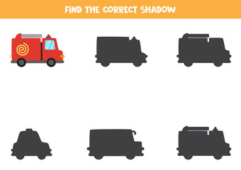 Find the correct shadow of fire truck. Logical puzzle for kids.