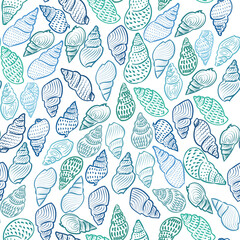 seashells seamless pattern. Marine theme. Print for fabric, postcard, design of invitations, print for clothes. wallpaper in blue. background. vector eps 10