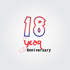 18 years anniversary celebration logotype. anniversary logo with red and blue color isolated on gray background, vector design for celebration, invitation card, and greeting card