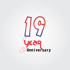 19 years anniversary celebration logotype. anniversary logo with red and blue color isolated on gray background, vector design for celebration, invitation card, and greeting card