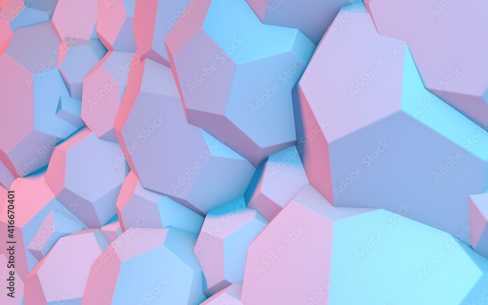 Aufkleber abstract background with 3d shapes flying in pink and blue light as a messy array or chaotic structu