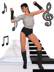 3d illustration of an young woman dancing on a keyboard