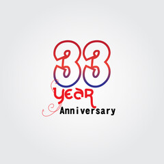 33 years anniversary celebration logotype. anniversary logo with red and blue color isolated on gray background, vector design for celebration, invitation card, and greeting card