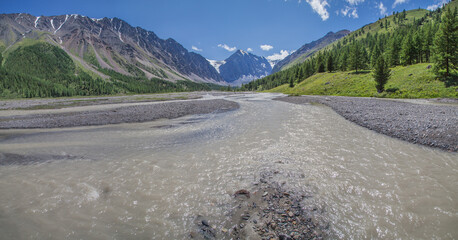 Muddy river waters due to melting glaciers, summer day