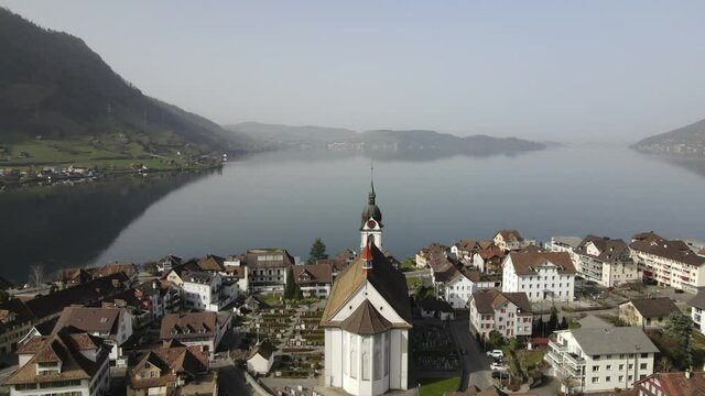 Drone footage of the lakeshores of Arth in the canton of Schwytz, Switzerland. 