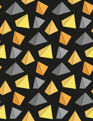 Seamless geometric pattern in trendy colors on dark background. Pyramids and triangles. Textures from simple volumetric shapes on black backdrop. Vector wallpaper and fabric