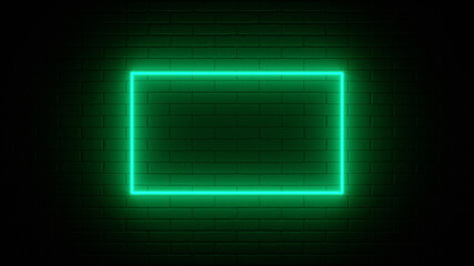 Neon sign on a brick wall. Glowing green rectangle. Abstract background, spectrum vibrant colors. 3d render illustration.