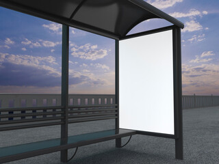 Blank white mock up of vertical billboard in a bus stop