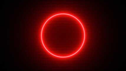 Neon sign on a brick wall. Glowing red circle. Abstract background, spectrum vibrant colors. 3d render illustration.