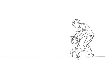 Fototapeta na wymiar One continuous line drawing of young father teaching his son learning lead walk at home. Happy family parenthood concept. Dynamic single line draw graphic design vector illustration