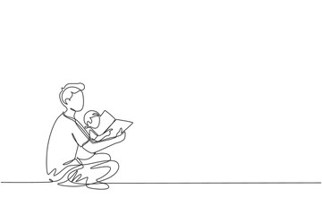 One single line drawing of young father siting on floor and reading story book to his son at home vector illustration graphic. Happy family parenting concept. Modern continuous line draw design