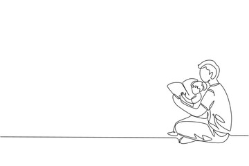 Obraz na płótnie Canvas One continuous line drawing of young dad sitting on floor and reading story book to his daughter at home. Happy family parenthood concept. Dynamic single line graphic draw design vector illustration