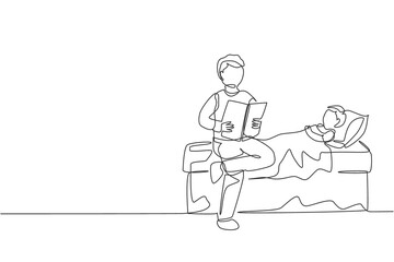 One single line drawing of young father sitting on bedroom and reading story book to his son before sleeping vector illustration. Happy family parenting concept. Modern continuous line draw design