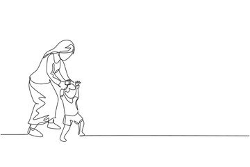 Fototapeta na wymiar Single continuous line drawing of young mother teaching her son learning lead walk at home. Happy family parenting concept. Trendy one line draw design graphic vector illustration