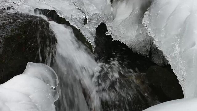 Splashing waterfall with rocks and ice in winter