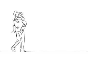 One continuous line drawing of young dad carrying his sleepy tired daughter go to the bed room at home. Happy family parenthood concept. Dynamic single line draw design vector illustration graphic