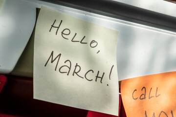 Hello march. a sticker with an inscription about the imminent arrival of spring and warmth