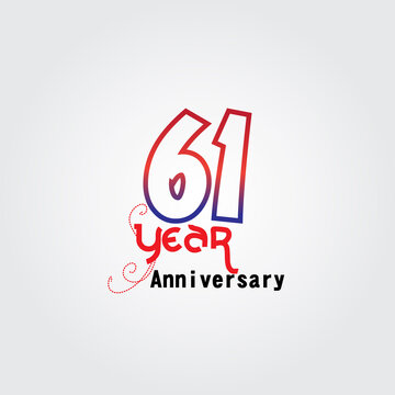61 years anniversary celebration logotype. anniversary logo with red and blue color isolated on gray background, vector design for celebration, invitation card, and greeting card