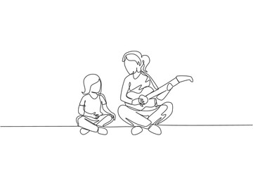 One single line drawing of young mom playing guitar and happy singing together with her son at home vector graphic illustration. Happy family bonding concept. Modern continuous line draw design