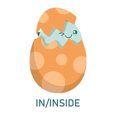 Cute dinosaur inside the egg, learning preposition vector isolated. Preschool education, study position of the object. Funny dino in the egg.