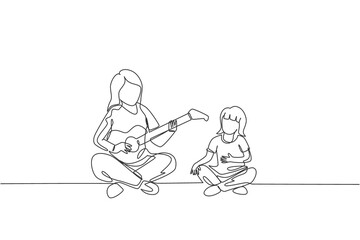 Fototapeta na wymiar Single continuous line drawing of young mother playing guitar and happy singing together with her daughter at home. Happy family parenthood concept. Trendy one line draw design vector illustration