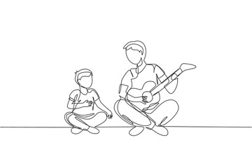 Fototapeta na wymiar One continuous line drawing of young dad playing guitar and happy singing together with his son at home. Happy family parenthood concept. Dynamic single line draw design vector graphic illustration