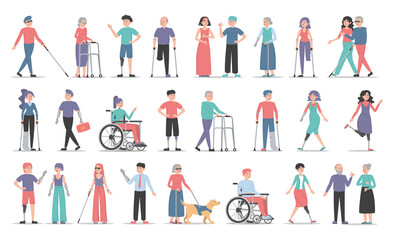 Fototapeta na wymiar Disabled people set. Collection of characters with disability. Deaf, blind and handicapped women and men. Adults with prosthetic arms and legs. Guy in a wheelchair, injured girl with crutches.
