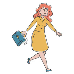 Businesswoman in a hurry vector isolated. Doodle illustration of female character in yellow dress running to the office. Girl in stress.