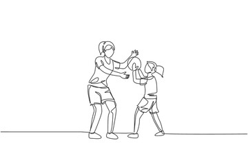 Fototapeta na wymiar One single line drawing of young mother playing basketball fun with her daughter at home field vector illustration. Happy parenting learning concept. Modern continuous line graphic draw design